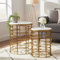 Set of 2 White Marble Tops Round Nesting Tables with Gold Metallic Base