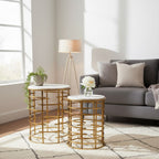 Set of 2 White Marble Tops Round Nesting Tables with Gold Metallic Base