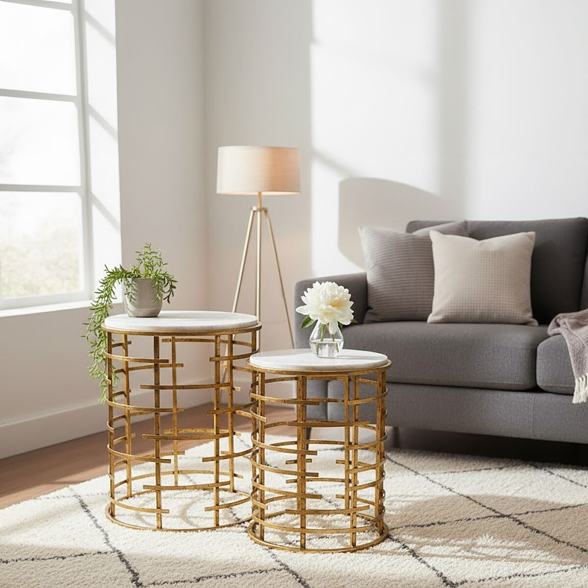 Set of 2 White Marble Tops Round Nesting Tables with Gold Metallic Base