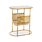 White Marble Top Side Table with Curved Magazine Rack and Gold Metallic Frame