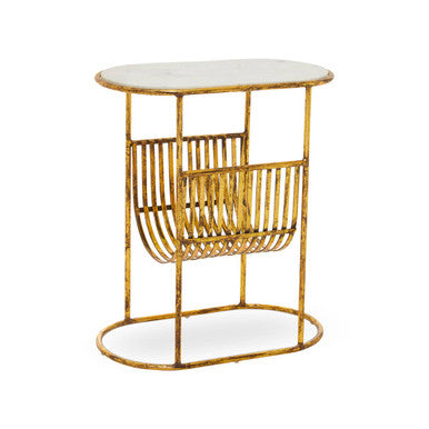 White Marble Top Side Table with Curved Magazine Rack and Gold Metallic Frame