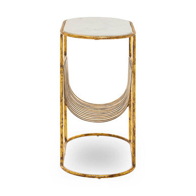 White Marble Top Side Table with Curved Magazine Rack and Gold Metallic Frame