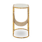 White Marble Top Side Table with Curved Magazine Rack and Gold Metallic Frame