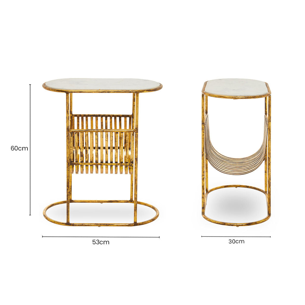 White Marble Top Side Table with Curved Magazine Rack and Gold Metallic Frame