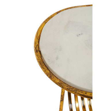 White Marble Top Side Table with Curved Magazine Rack and Gold Metallic Frame