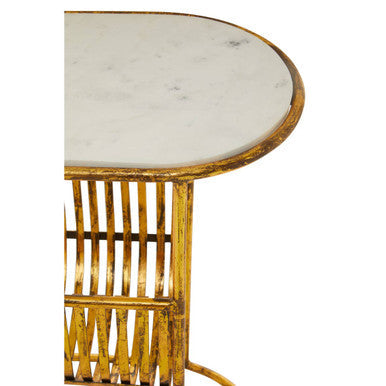 White Marble Top Side Table with Curved Magazine Rack and Gold Metallic Frame
