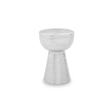 Polished Silver Aluminium Accent Table with Tapered Base and Subtle Hammered Detail