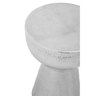 Polished Silver Aluminium Accent Table with Tapered Base and Subtle Hammered Detail