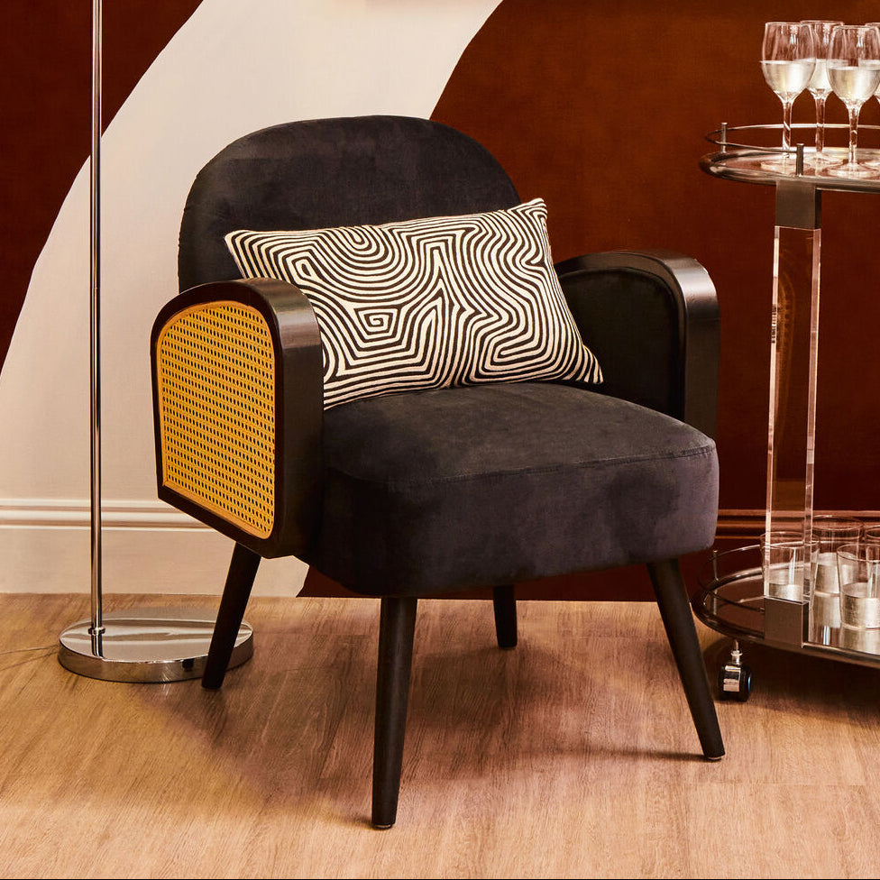 Black Velvet and Rattan Armchair
