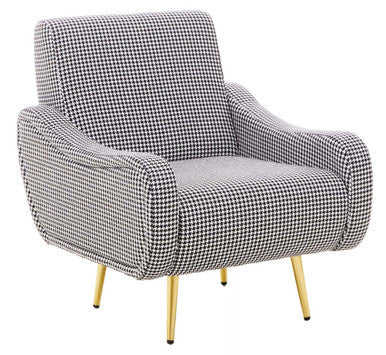 Black and White Houndstooth Armchair with Gold Finish Metal Legs