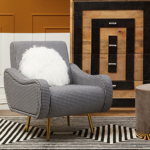 Black and White Houndstooth Armchair with Gold Finish Metal Legs