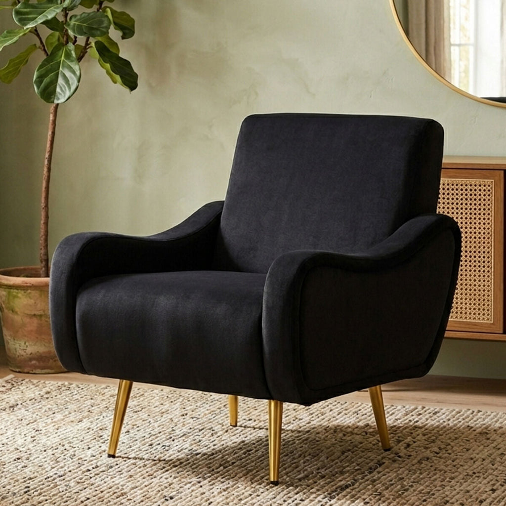 Black Fabric Armchair with Gold Finish Metal Legs