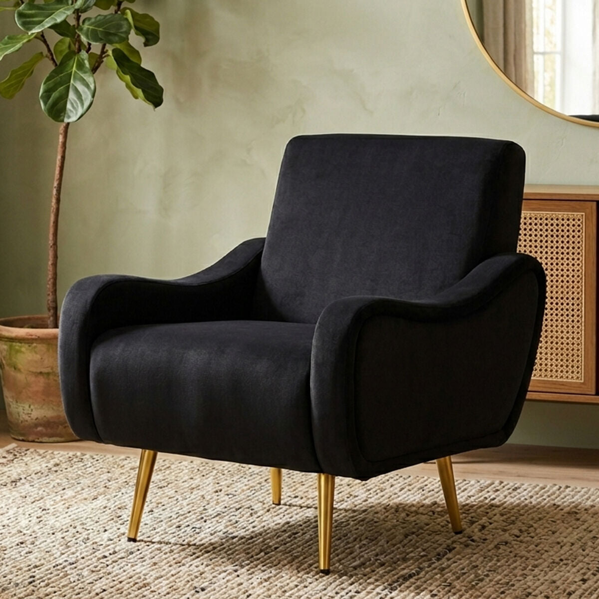 Black Fabric Armchair with Gold Finish Metal Legs