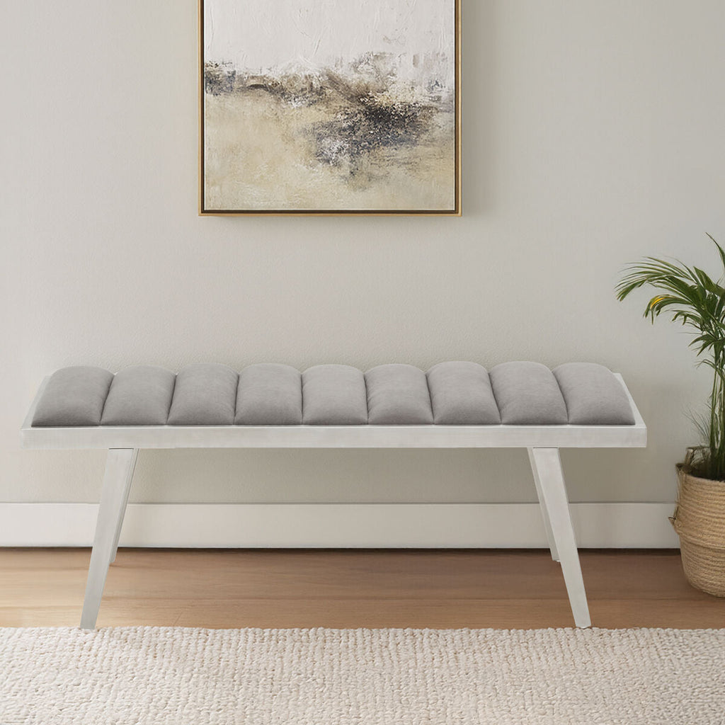 Grey Velvet Bench with Brushed Silver Finish Legs