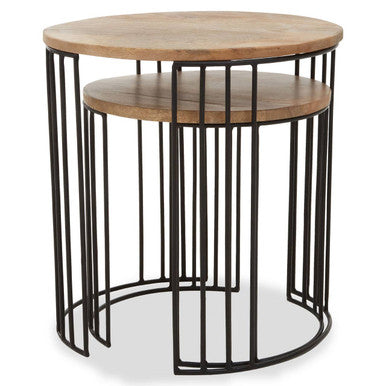 Natural Mango Wood and Black Finish Set of 2 Side Tables