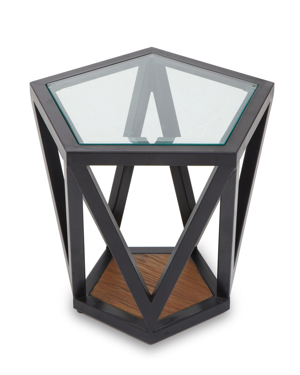 Clear Glass and Black Metal Hexagonal Side Table