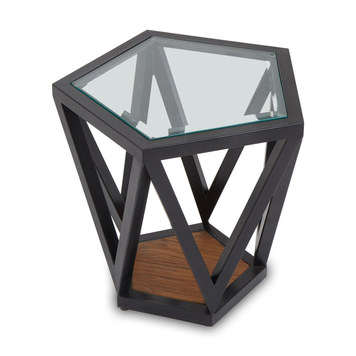Clear Glass and Black Metal Hexagonal Side Table
