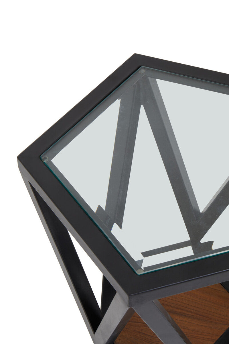 Clear Glass and Black Metal Hexagonal Side Table