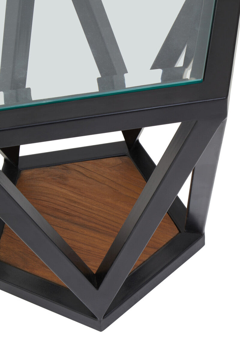 Clear Glass and Black Metal Hexagonal Side Table