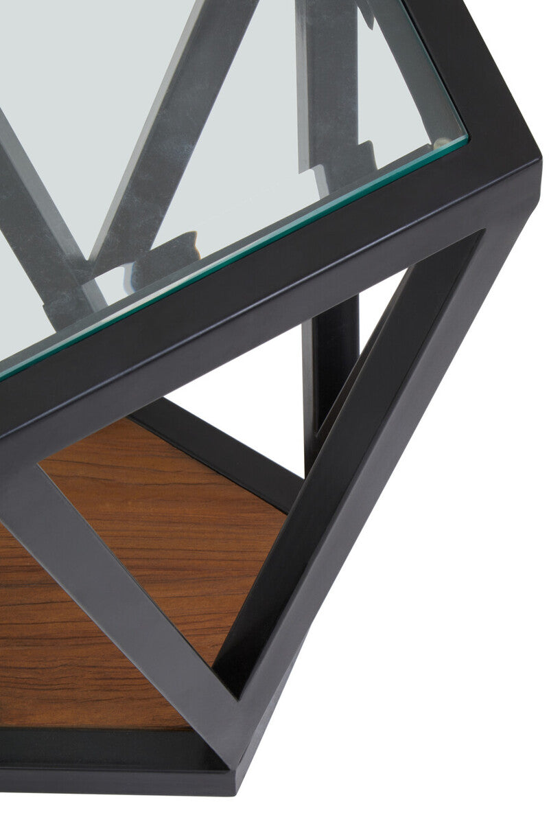 Clear Glass and Black Metal Hexagonal Side Table
