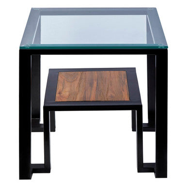 Clear Glass and Black Metal Side Table with Lower Shelf