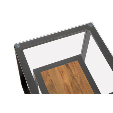 Clear Glass and Black Metal Side Table with Lower Shelf