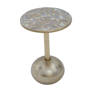 Geometric Mosaic Top Gold Finish Side Table with Slim Column and Round Base
