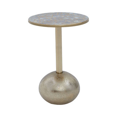 Geometric Mosaic Top Gold Finish Side Table with Slim Column and Round Base