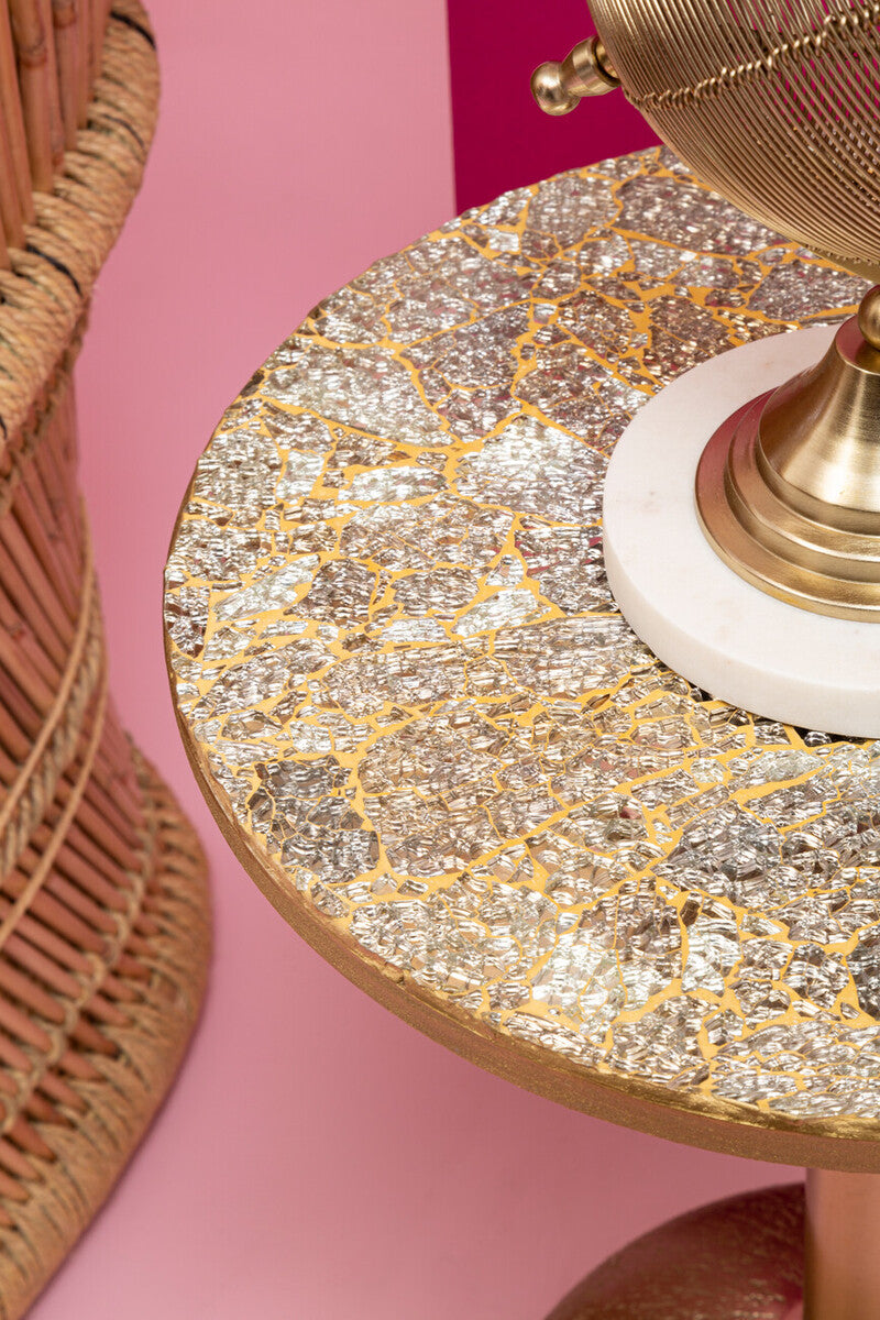 Geometric Mosaic Top Gold Finish Side Table with Slim Column and Round Base
