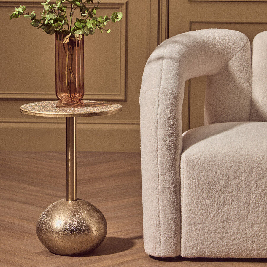 Geometric Mosaic Top Gold Finish Side Table with Slim Column and Round Base