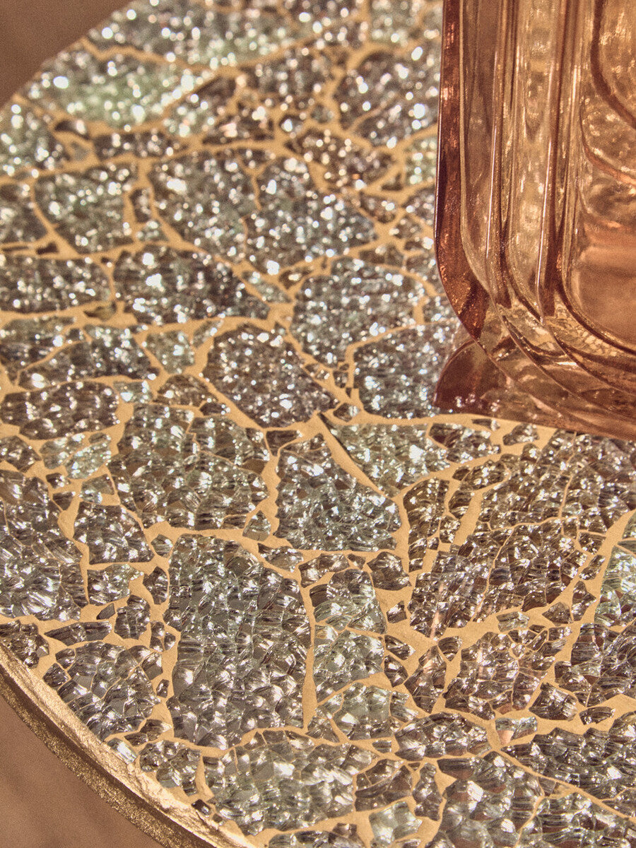 Geometric Mosaic Top Gold Finish Side Table with Slim Column and Round Base
