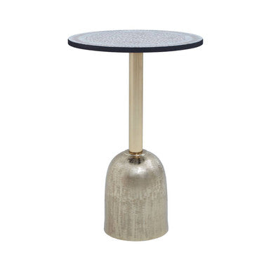 Geometric Mosaic Accent Side Table with Slim Gold Cylindrical Pedestal Base