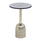 Geometric Mosaic Accent Side Table with Slim Gold Cylindrical Pedestal Base