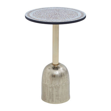 Geometric Mosaic Accent Side Table with Slim Gold Cylindrical Pedestal Base