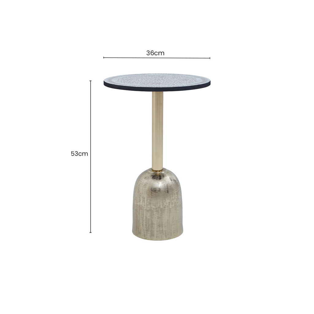 Geometric Mosaic Accent Side Table with Slim Gold Cylindrical Pedestal Base