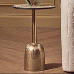 Geometric Mosaic Accent Side Table with Slim Gold Cylindrical Pedestal Base