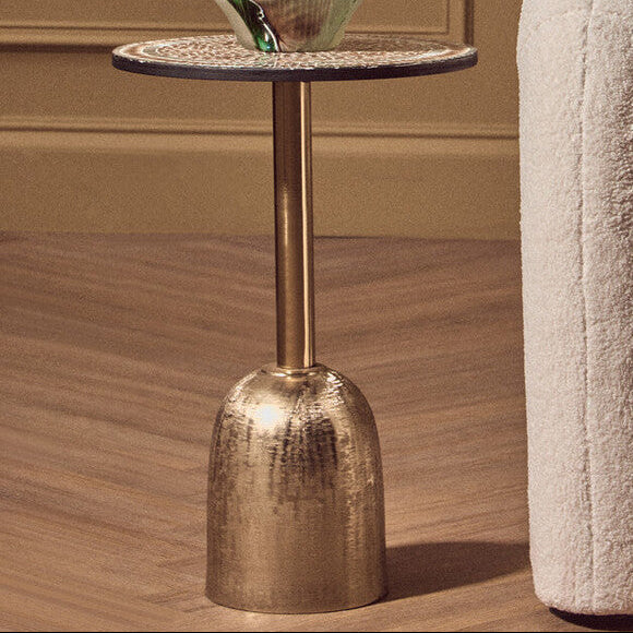 Geometric Mosaic Accent Side Table with Slim Gold Cylindrical Pedestal Base