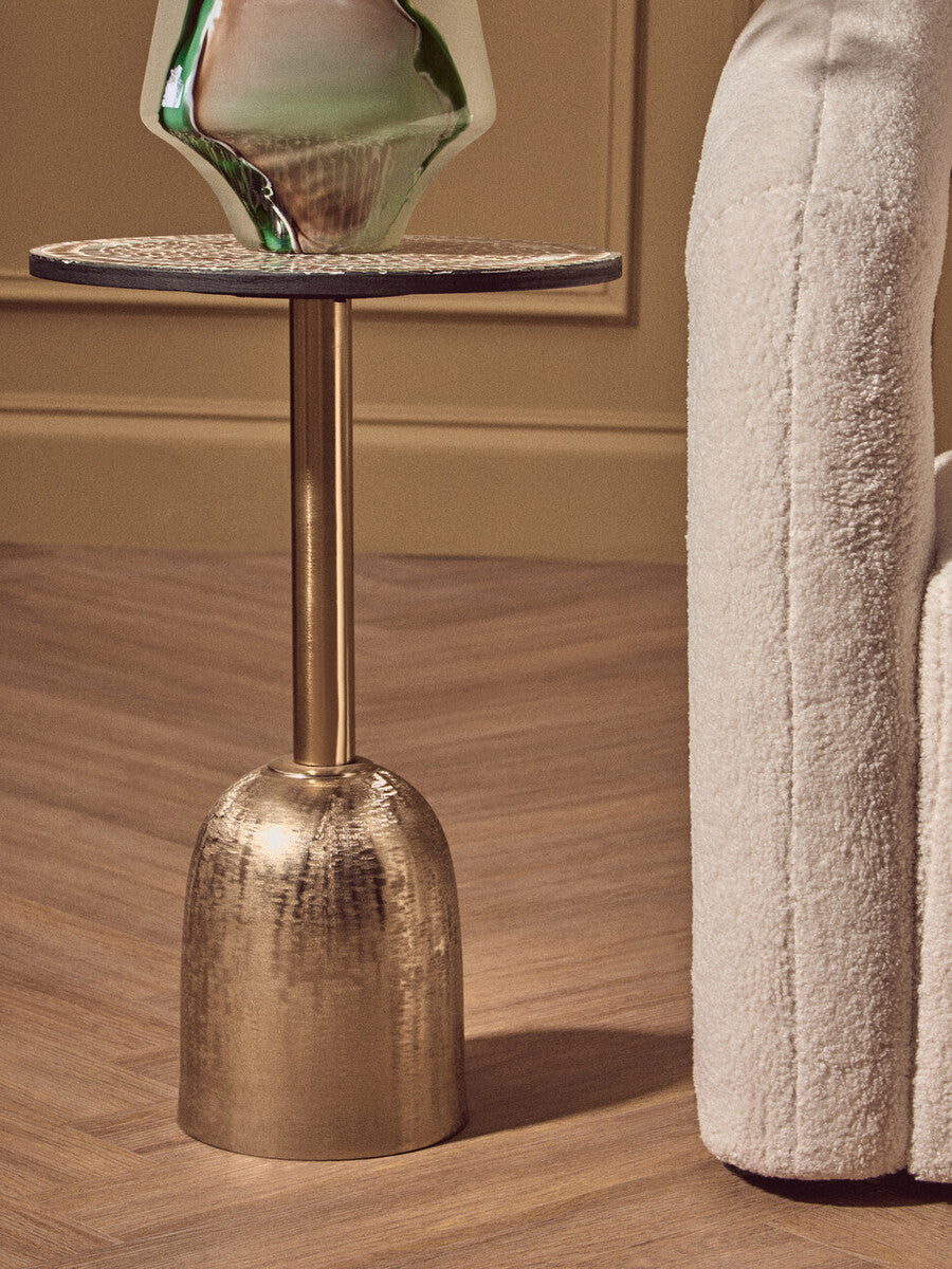Geometric Mosaic Accent Side Table with Slim Gold Cylindrical Pedestal Base