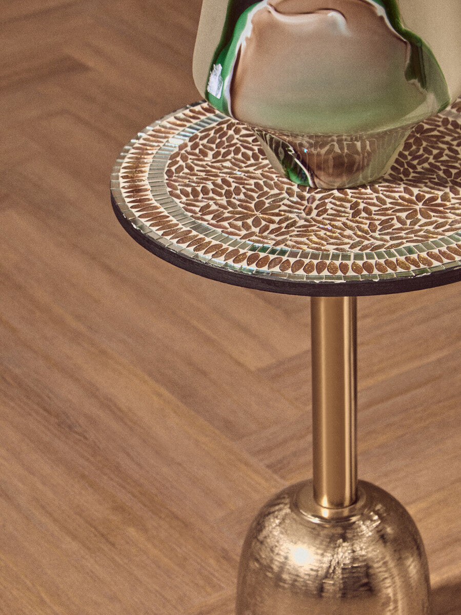 Geometric Mosaic Accent Side Table with Slim Gold Cylindrical Pedestal Base