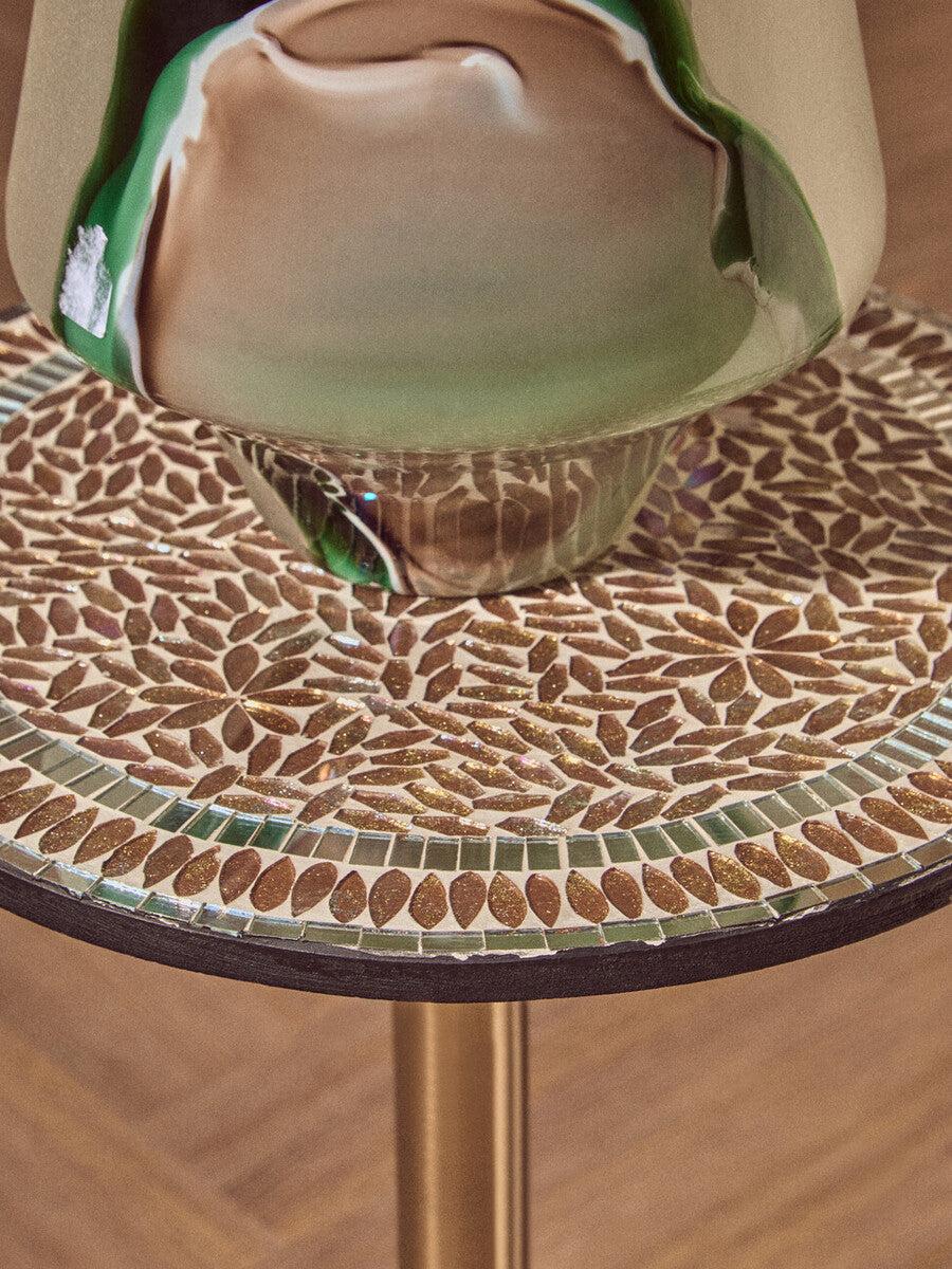 Geometric Mosaic Accent Side Table with Slim Gold Cylindrical Pedestal Base