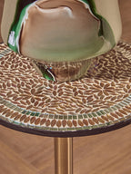 Geometric Mosaic Accent Side Table with Slim Gold Cylindrical Pedestal Base