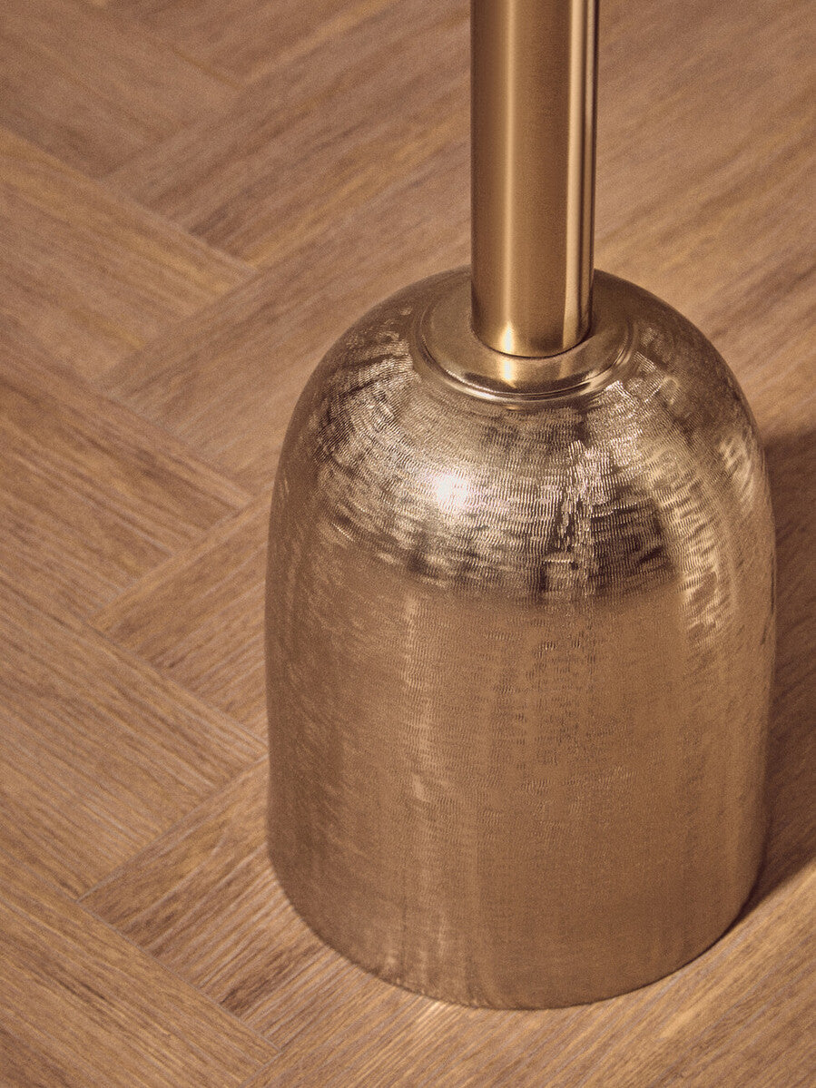 Geometric Mosaic Accent Side Table with Slim Gold Cylindrical Pedestal Base