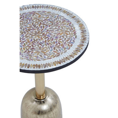 Geometric Mosaic Accent Side Table with Slim Gold Cylindrical Pedestal Base