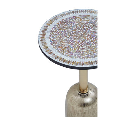 Geometric Mosaic Accent Side Table with Slim Gold Cylindrical Pedestal Base