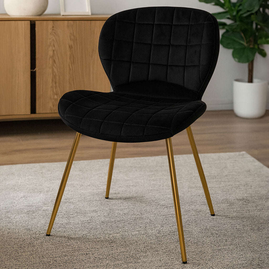 Quilted Black Velvet Dining Chair with Gold Legs