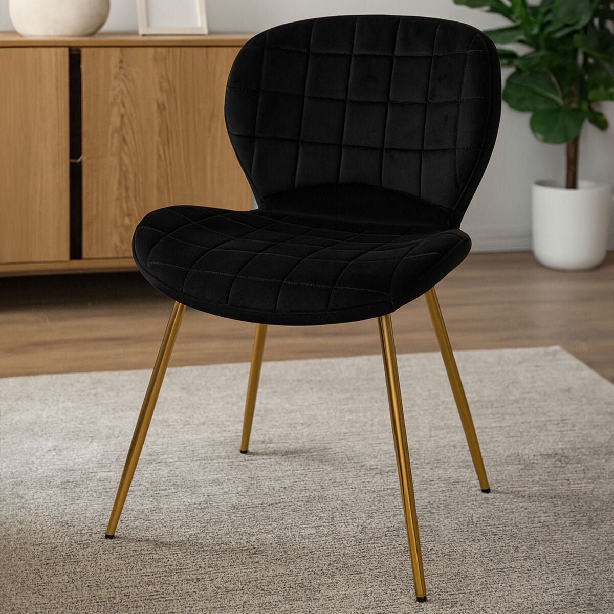 Quilted Black Velvet Dining Chair with Gold Legs