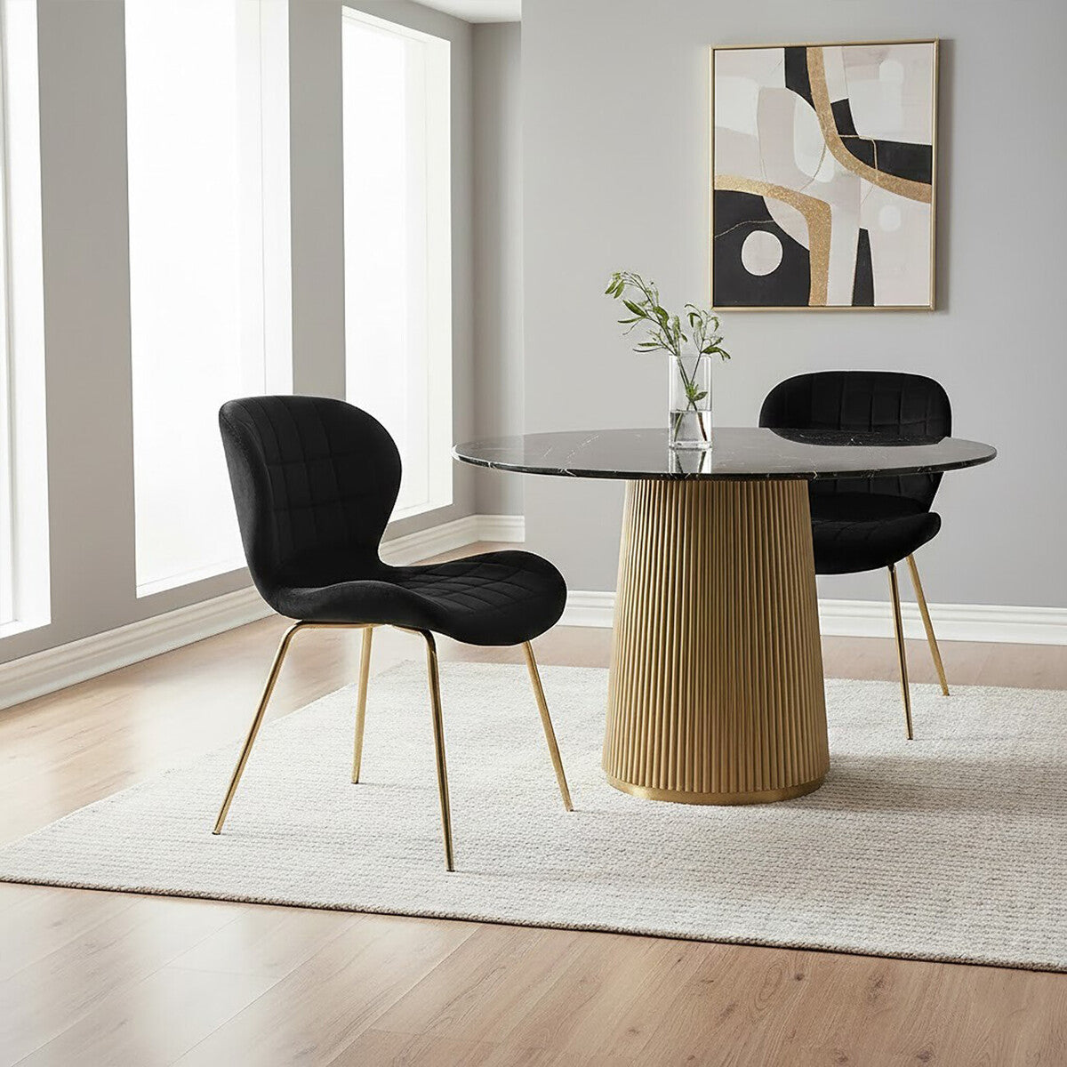 Quilted Black Velvet Dining Chair with Gold Legs