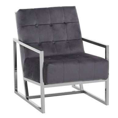 Grey Velvet Button Tufted Chair with Silver Finish Frame