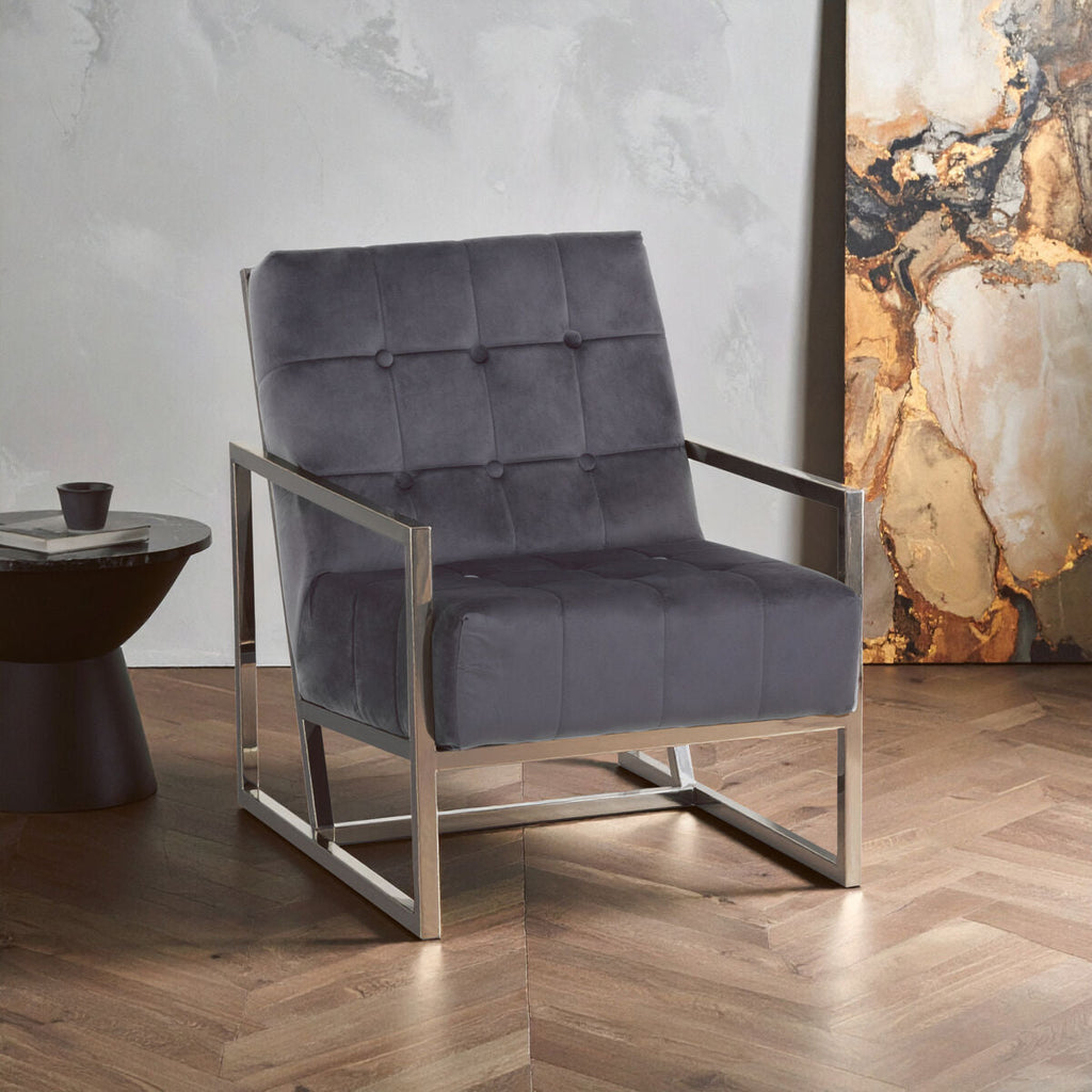 Grey Velvet Button Tufted Chair with Silver Finish Frame