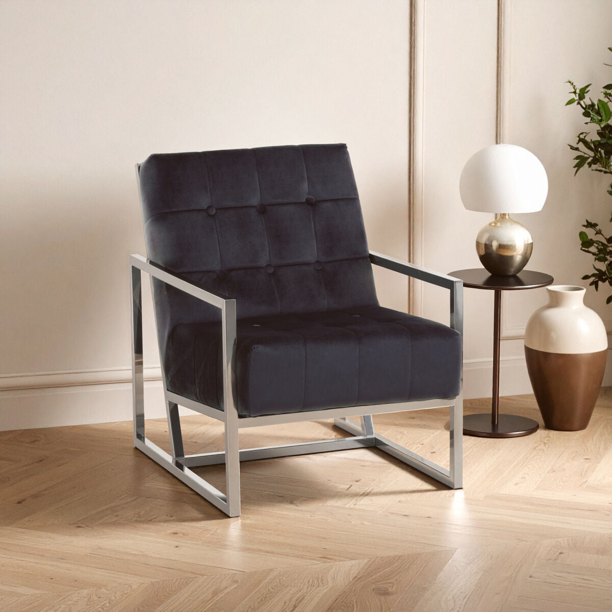 Black Velvet Button Tufted Chair with Silver Finish Frame